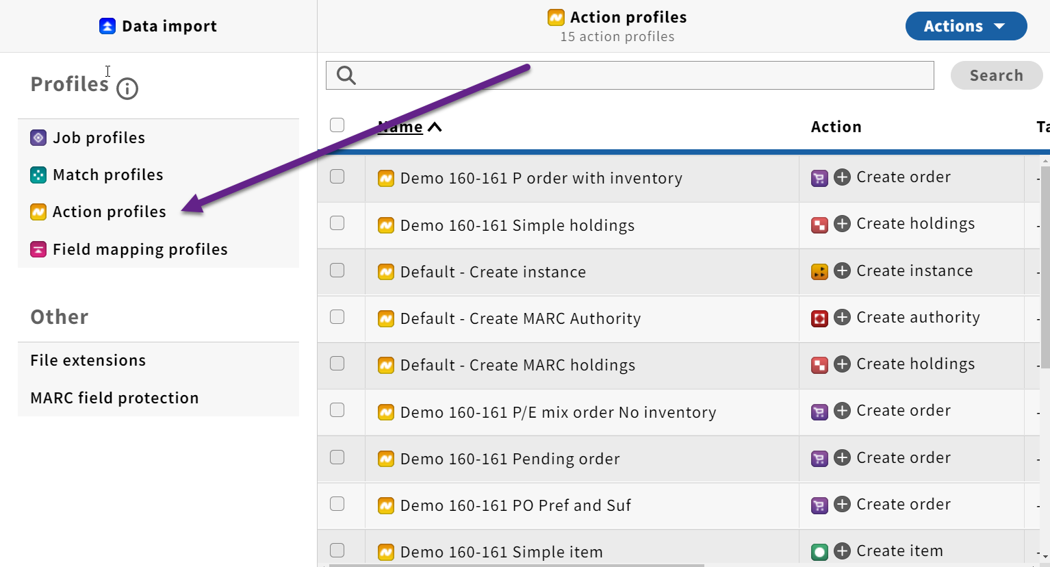 screenshot of action profiles in settings