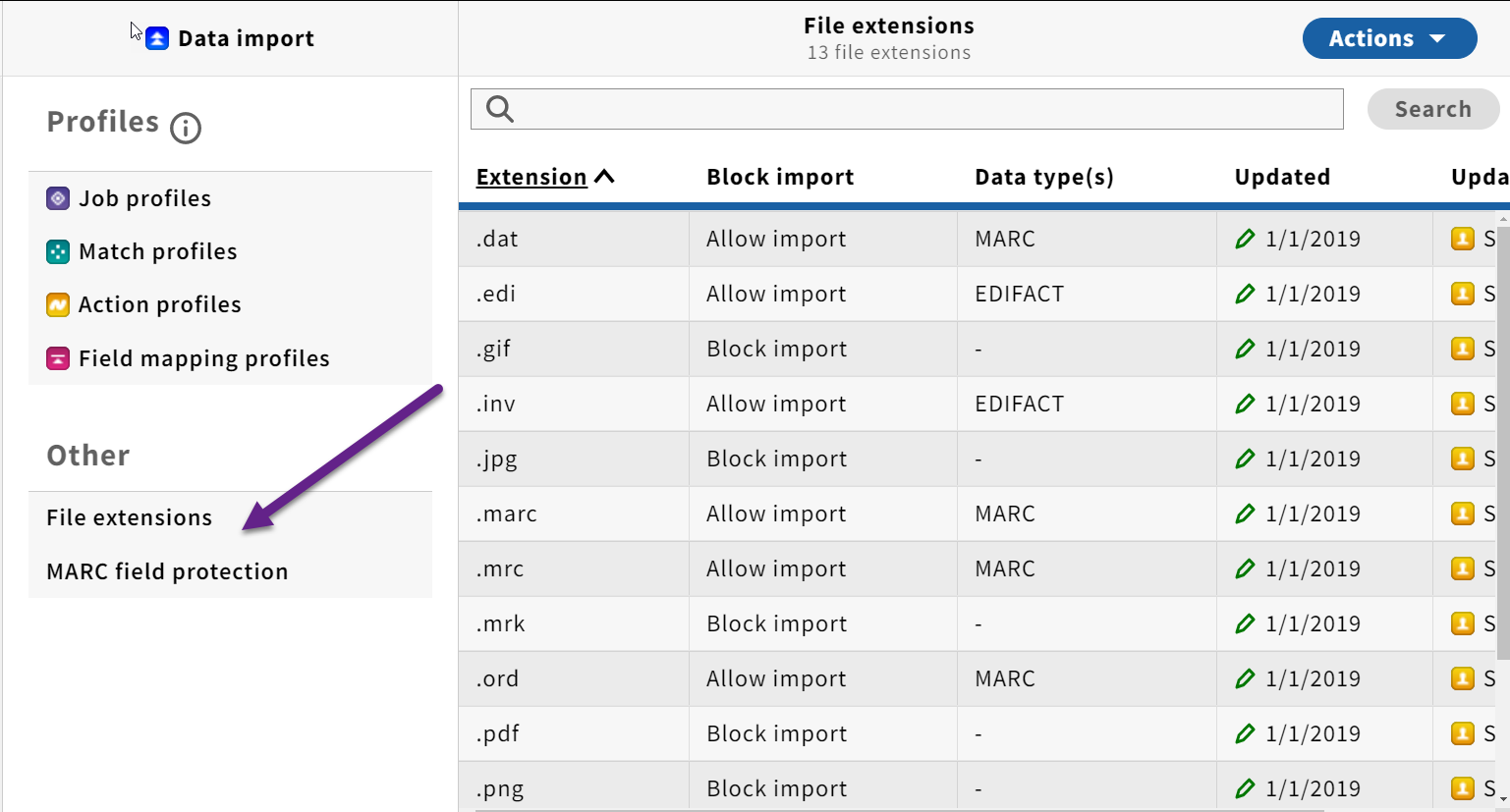 screenshot of file extensions in settings