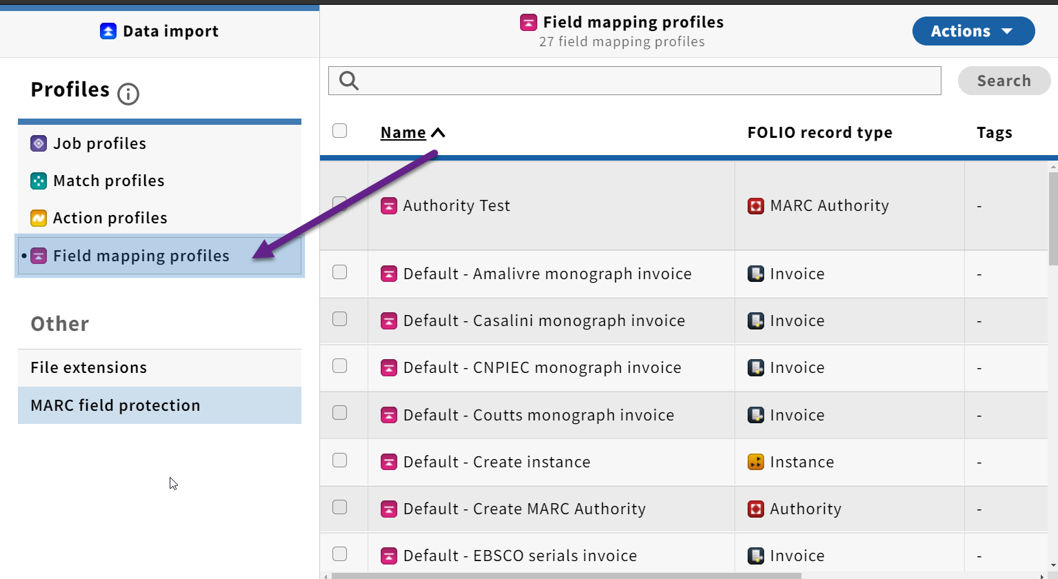 screenshot of field mapping profiles in settings